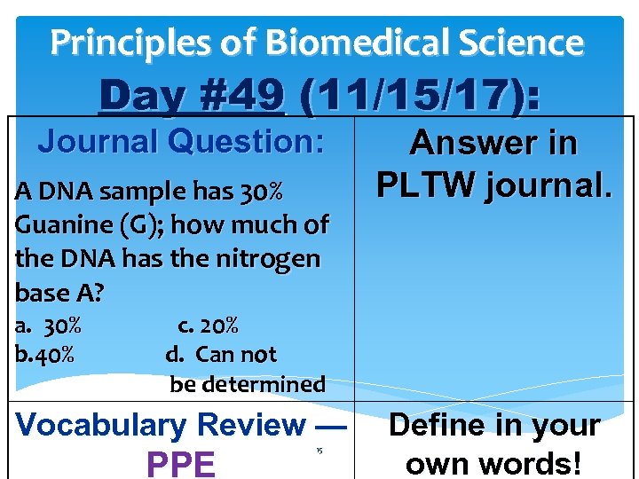 Principles of Biomedical Science Day #49 (11/15/17): Journal Question: A DNA sample has 30%
