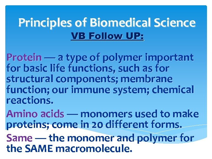 Principles of Biomedical Science VB Follow UP: Protein — a type of polymer important