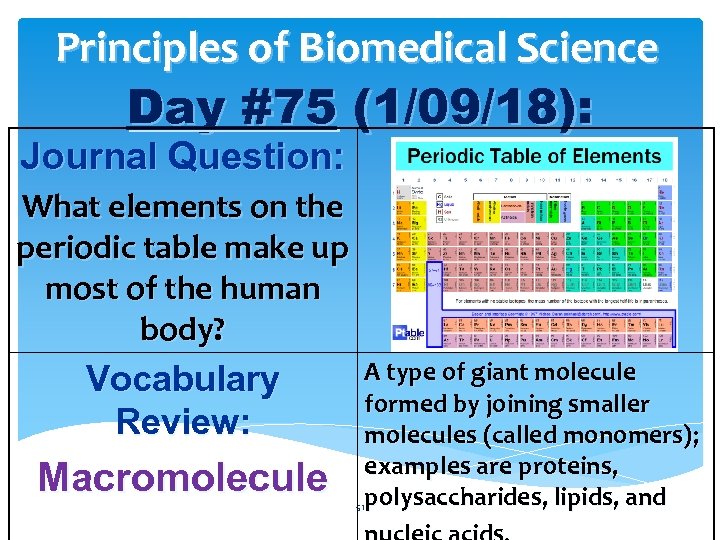 Principles of Biomedical Science Day #75 (1/09/18): Journal Question: journal. What elements on the