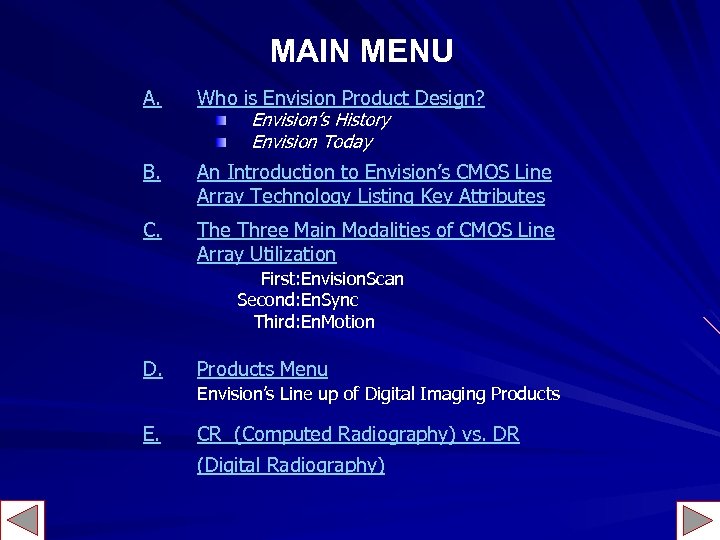 MAIN MENU A. Who is Envision Product Design? Envision’s History Envision Today B. An