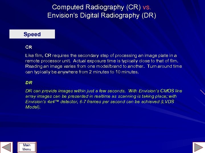 Computed Radiography (CR) vs. Envision’s Digital Radiography (DR) Speed CR Like film, CR requires