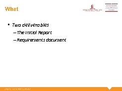 What • Two deliverables – The Initial Report – Requirements document 