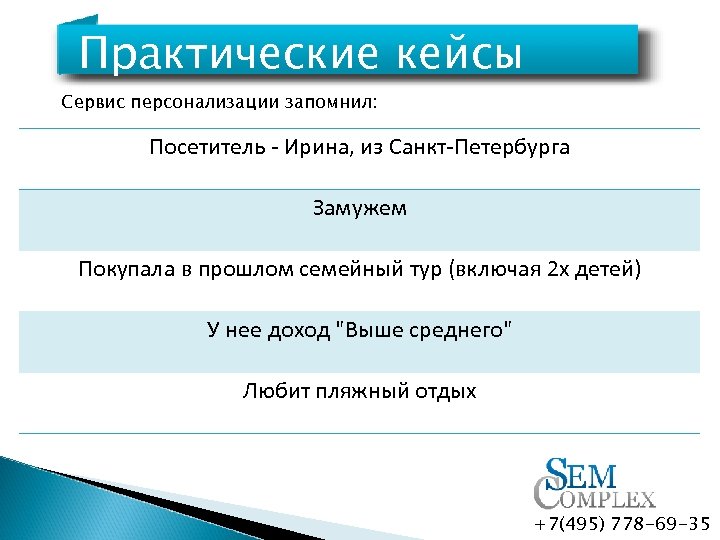 Практические кейсы Сервис персонализации запомнил: Посетитель - Ирина, из Санкт-Петербурга Замужем Покупала в прошлом