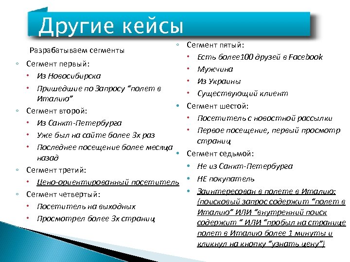 Другие кейсы ◦ Сегмент пятый: Есть более 100 друзей в Facebook Сегмент первый: Мужчина