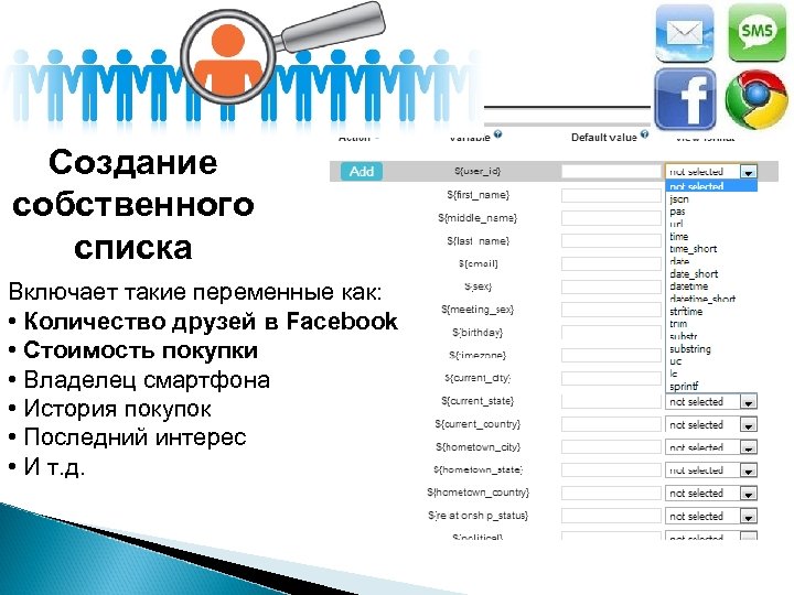 Создание собственного списка Включает такие переменные как: • Количество друзей в Facebook • Стоимость
