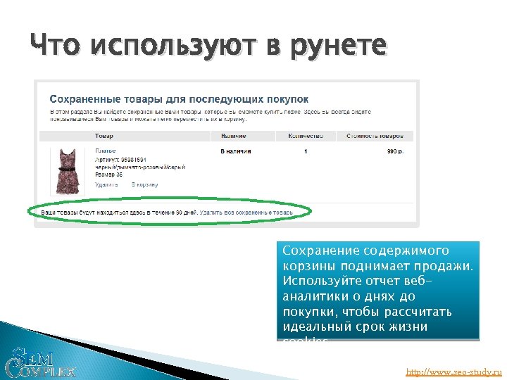 Что используют в рунете Сохранение содержимого корзины поднимает продажи. Используйте отчет вебаналитики о днях