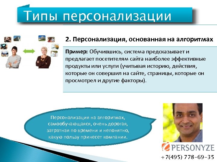 Типы персонализации 2. Персонализация, основанная на алгоритмах Пример: Обучившись, система предсказывает и предлагает посетителям
