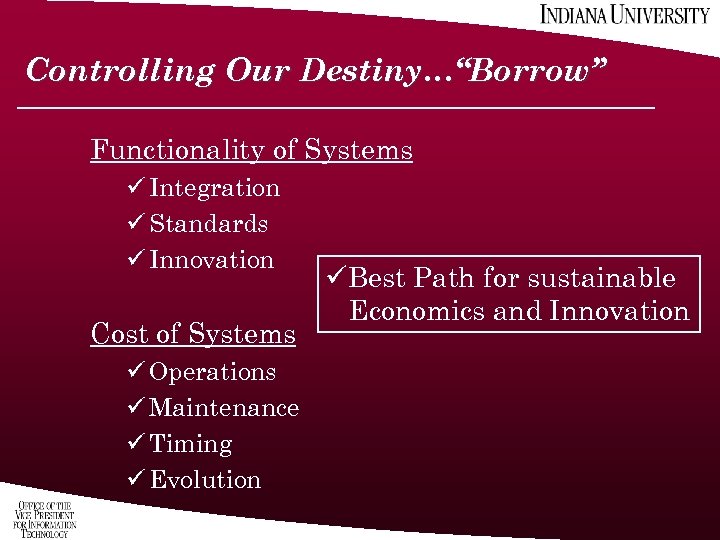 Controlling Our Destiny…“Borrow” Functionality of Systems ü Integration ü Standards ü Innovation Cost of