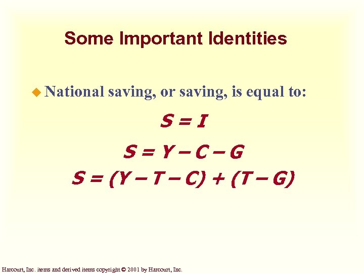 Some Important Identities u National saving, or saving, is equal to: S=I S=Y–C–G S