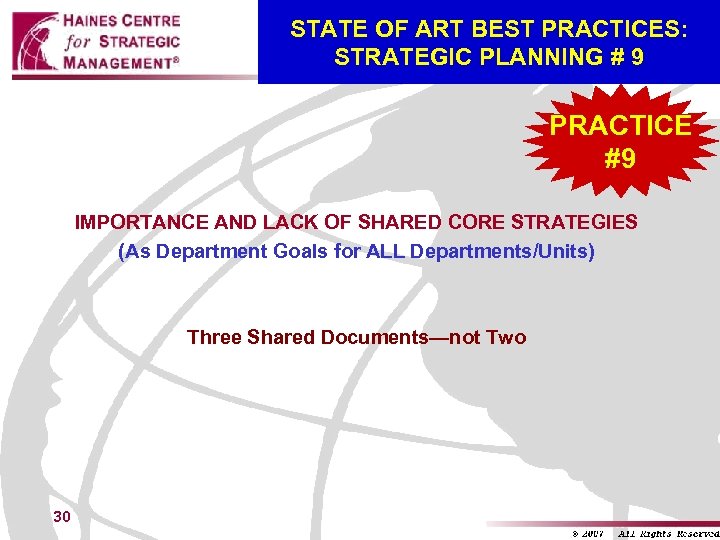 STATE OF ART BEST PRACTICES: STRATEGIC PLANNING # 9 PRACTICE #9 IMPORTANCE AND LACK