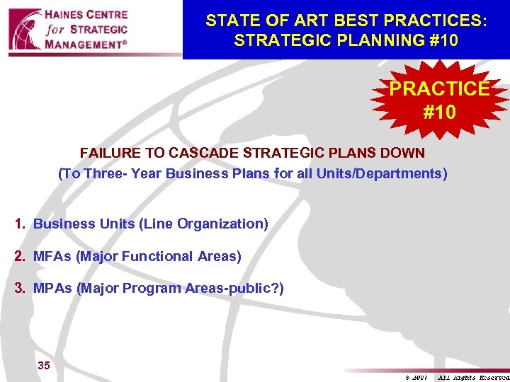 STATE OF ART BEST PRACTICES: STRATEGIC PLANNING #10 PRACTICE #10 FAILURE TO CASCADE STRATEGIC