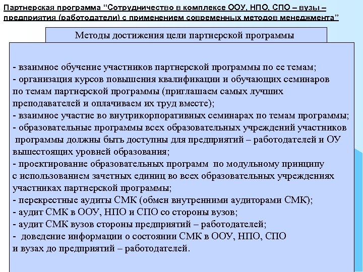 Партнерская программа “Сотрудничество в комплексе ООУ, НПО, СПО – вузы – предприятия (работодатели) с