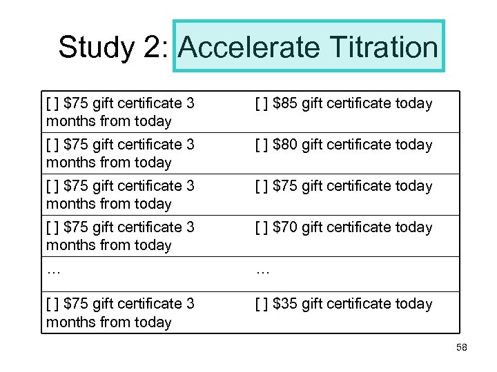 Study 2: Accelerate Titration [ ] $75 gift certificate 3 months from today [