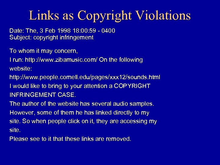 Links as Copyright Violations Date: The, 3 Feb 1998 18: 00: 59 - 0400