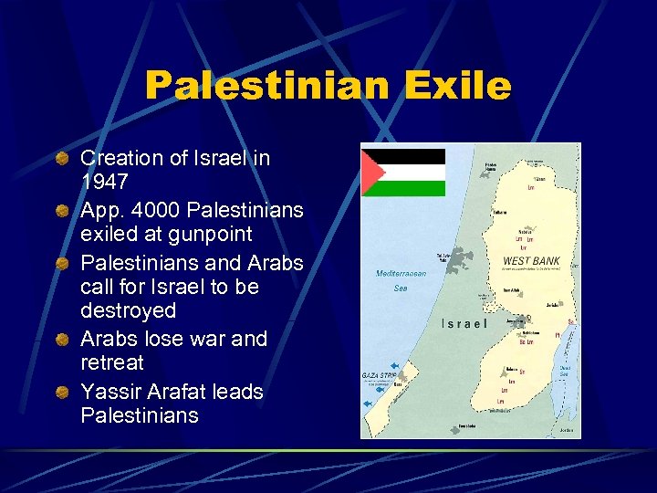 Palestinian Exile Creation of Israel in 1947 App. 4000 Palestinians exiled at gunpoint Palestinians