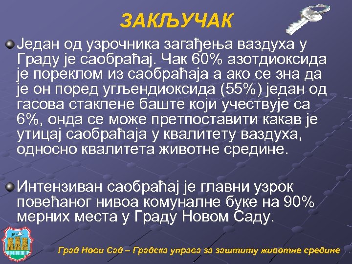 ЗАКЉУЧАК Један од узрочника загађења ваздуха у Граду је саобраћај. Чак 60% азотдиоксида је