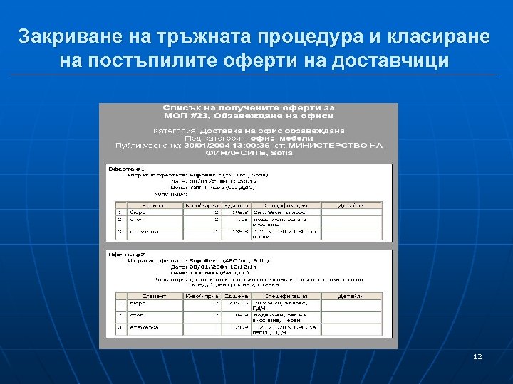 Закриване на тръжната процедура и класиране на постъпилите оферти на доставчици 12 