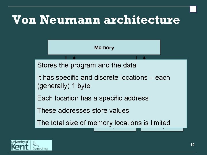 Von Neumann architecture Memory Stores the program and the data Arithmetic It has specific