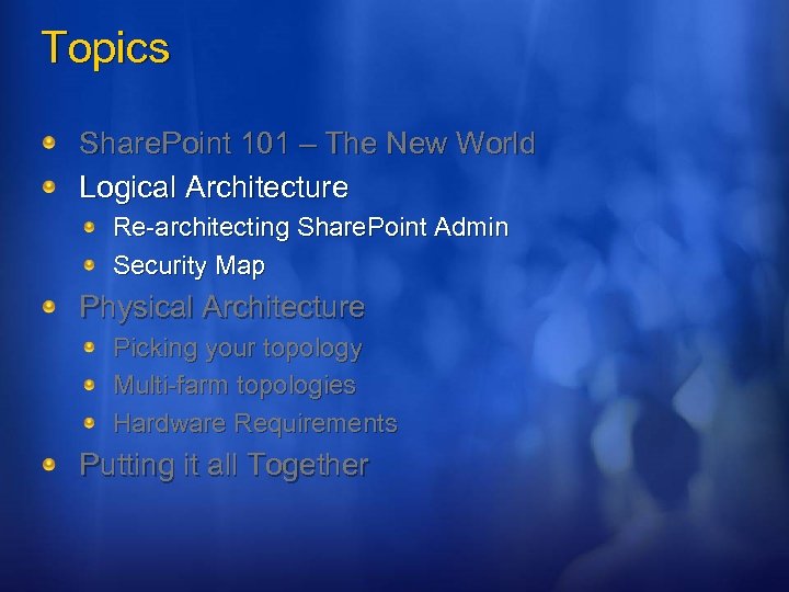 Topics Share. Point 101 – The New World Logical Architecture Re-architecting Share. Point Admin