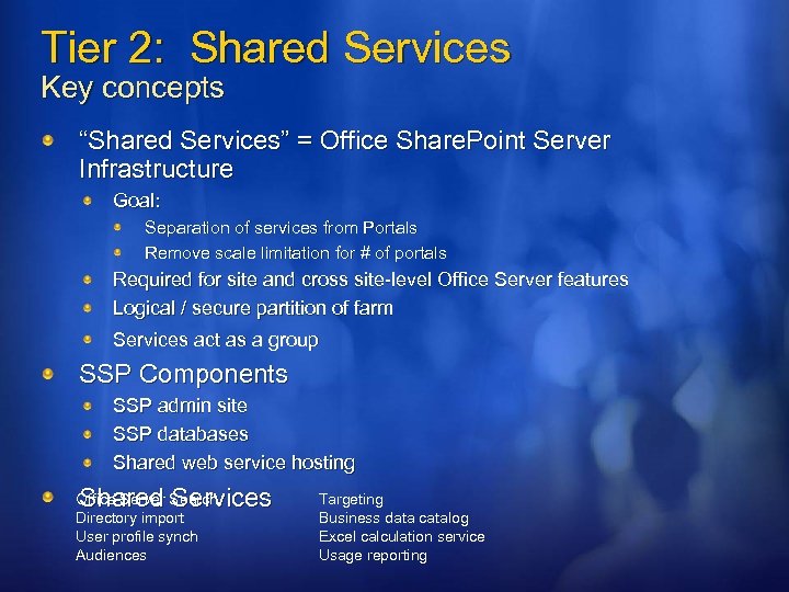 Tier 2: Shared Services Key concepts “Shared Services” = Office Share. Point Server Infrastructure