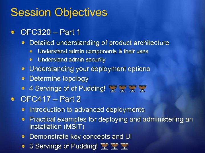Session Objectives OFC 320 – Part 1 Detailed understanding of product architecture Understand admin