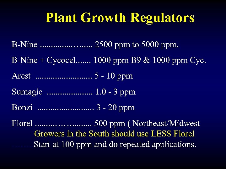 Plant Growth Regulators B-Nine. . . . …. . . 2500 ppm to 5000