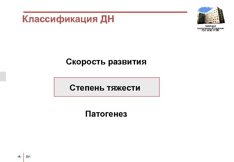 Классификация ДН Кафедра госпитальной терапии ГОУ ВПО РГМУ Скорость развития Степень тяжести Патогенез ‹#›