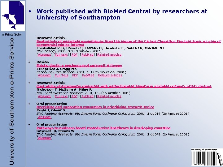  • Work published with Bio. Med Central by researchers at University of Southampton