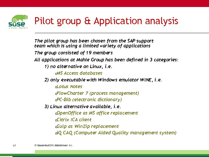 Pilot group & Application analysis The pilot group has been chosen from the SAP