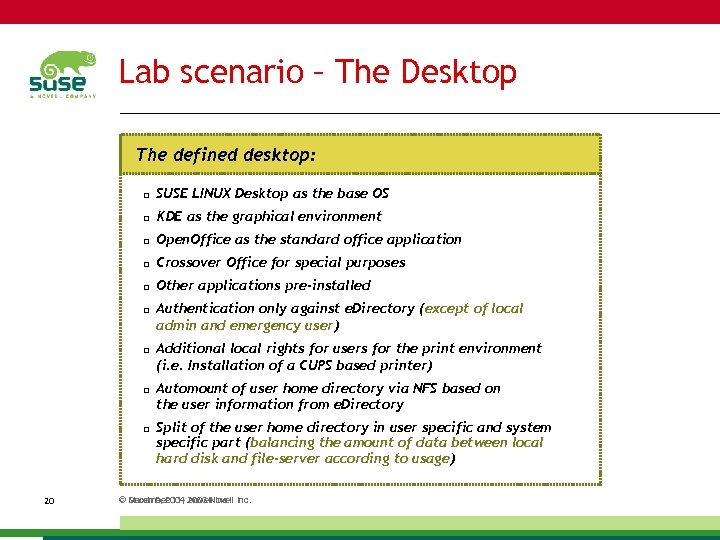 Lab scenario – The Desktop The defined desktop: SUSE LINUX Desktop as the base