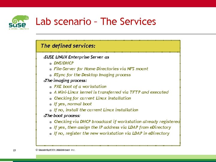 Lab scenario – The Services The defined services: SUSE LINUX Enterprise Server as DNS/DHCP