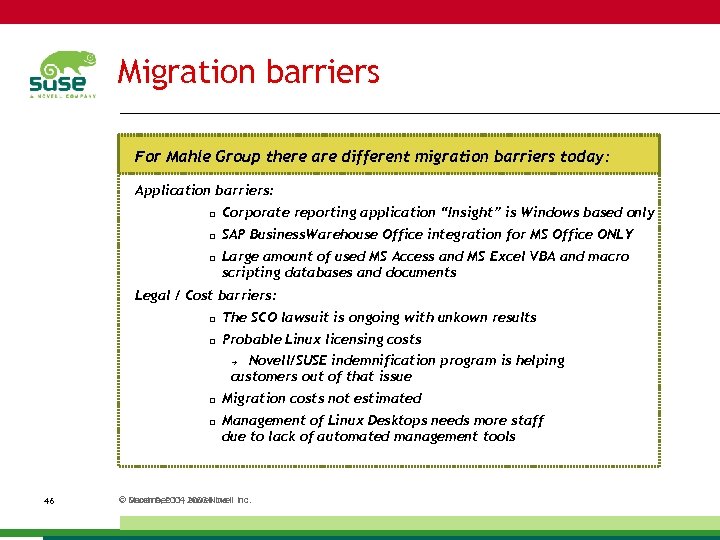 Migration barriers For Mahle Group there are different migration barriers today: Application barriers: Corporate