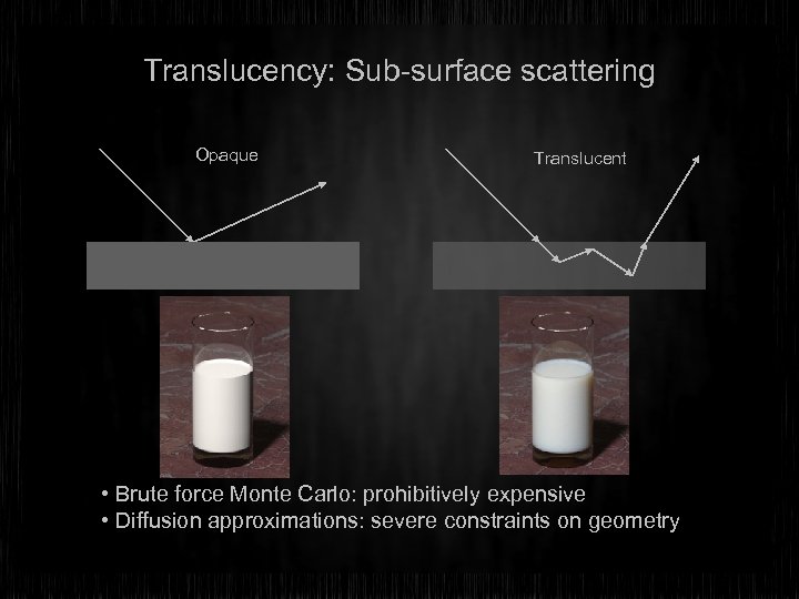 Translucency: Sub-surface scattering Opaque Translucent • Brute force Monte Carlo: prohibitively expensive • Diffusion