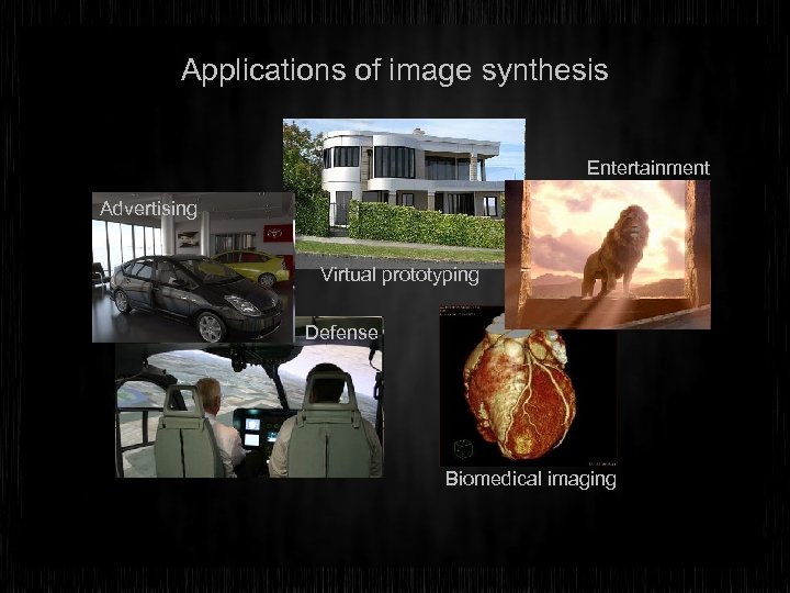 Applications of image synthesis Entertainment Advertising Virtual prototyping Defense Biomedical imaging 