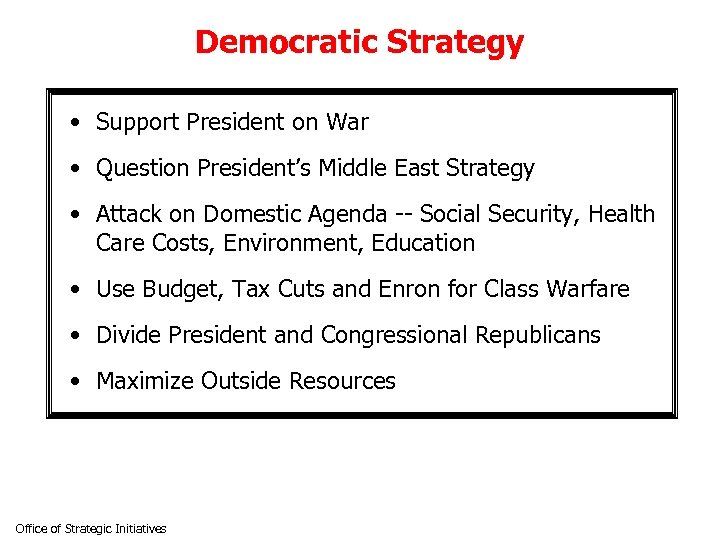 Democratic Strategy • Support President on War • Question President’s Middle East Strategy •