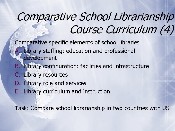 Comparative School Librarianship Course Curriculum (4) Comparative specific elements of school libraries A. Library