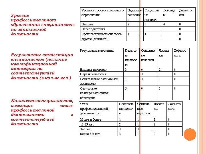 Уровень профессионального образования специалистов по занимаемой должности Результаты аттестации специалистов (наличие квалификационной категории по