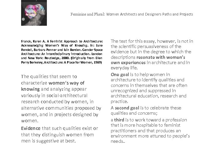 Feminine and Plural: Women Architects and Designers Paths and Projects Franck, Karen A. A