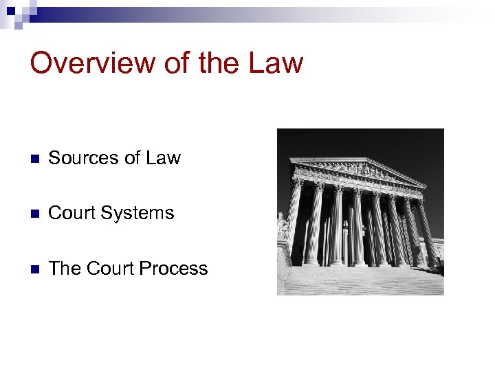 Overview of the Law n Sources of Law n Court Systems n The Court