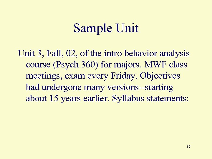 Sample Unit 3, Fall, 02, of the intro behavior analysis course (Psych 360) for