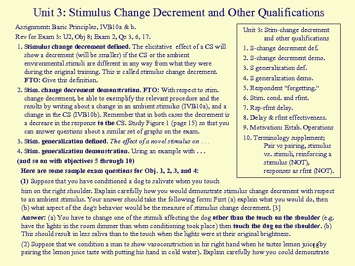 Unit 3: Stimulus Change Decrement and Other Qualifications Assignment: Basic Principles, IVB 10 a