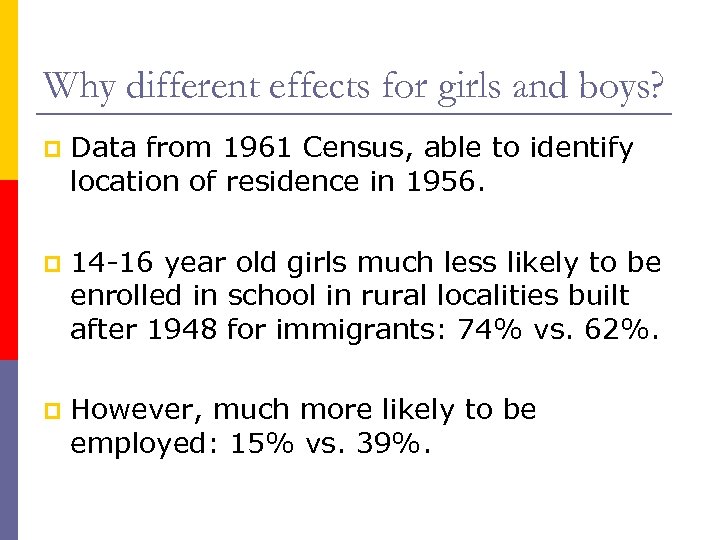 Why different effects for girls and boys? p Data from 1961 Census, able to