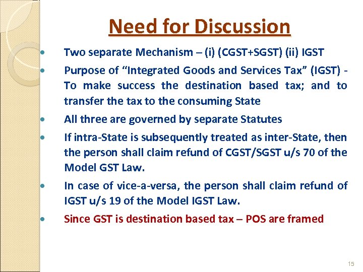 Need for Discussion Two separate Mechanism – (i) (CGST+SGST) (ii) IGST Purpose of “Integrated