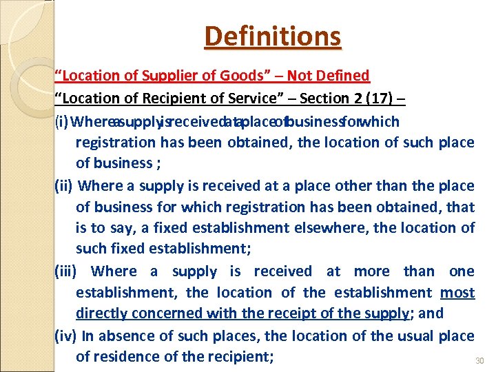 Definitions “Location of Supplier of Goods” – Not Defined “Location of Recipient of Service”