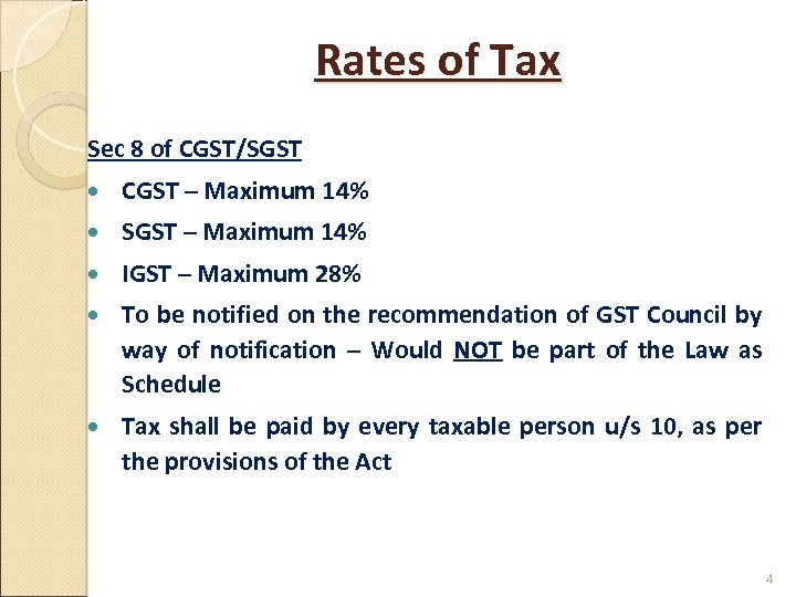 Rates of Tax Sec 8 of CGST/SGST CGST – Maximum 14% SGST – Maximum