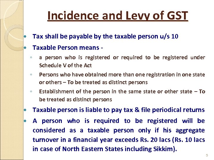 Incidence and Levy of GST Tax shall be payable by the taxable person u/s