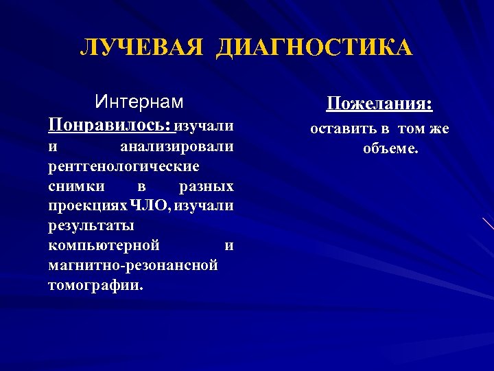 ЛУЧЕВАЯ ДИАГНОСТИКА Интернам Понравилось: изучали и анализировали рентгенологические снимки в разных проекциях ЧЛО, изучали