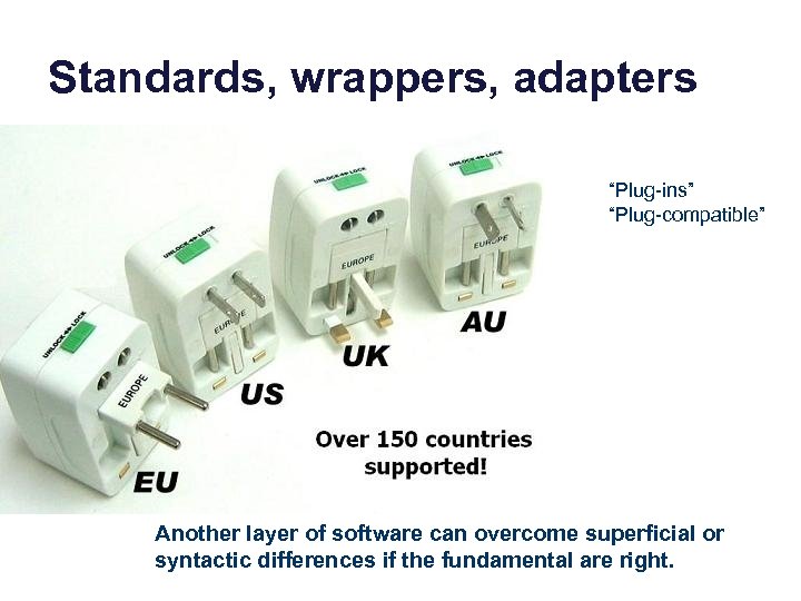 Standards, wrappers, adapters “Plug-ins” “Plug-compatible” Another layer of software can overcome superficial or syntactic