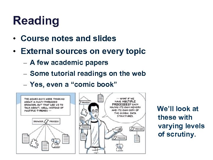 Reading • Course notes and slides • External sources on every topic – A