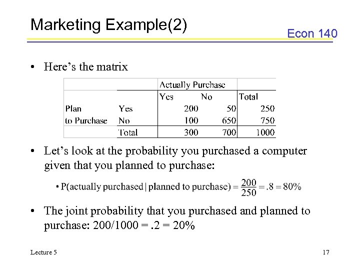 Marketing Example(2) Econ 140 • Here’s the matrix • Let’s look at the probability